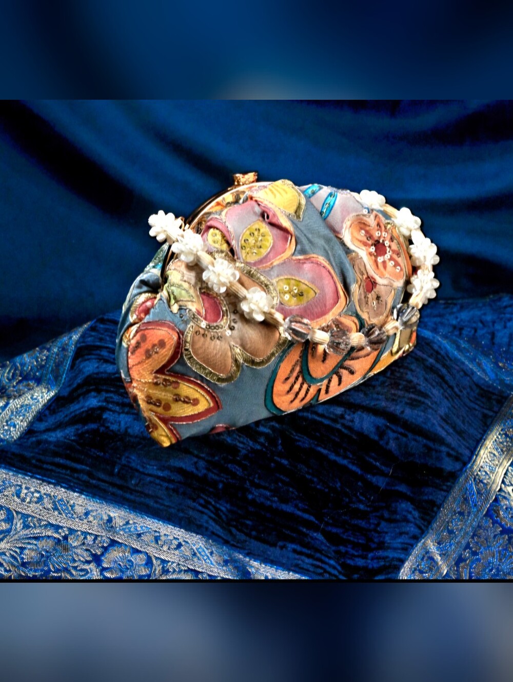 Floral Embroidered Satin Clutch - Blue and Pink